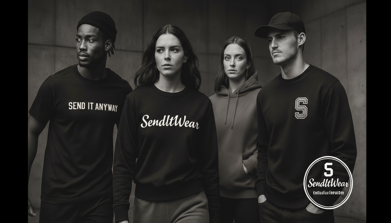 Four people wearing 'Send It Wear' branded clothing against a dark background.